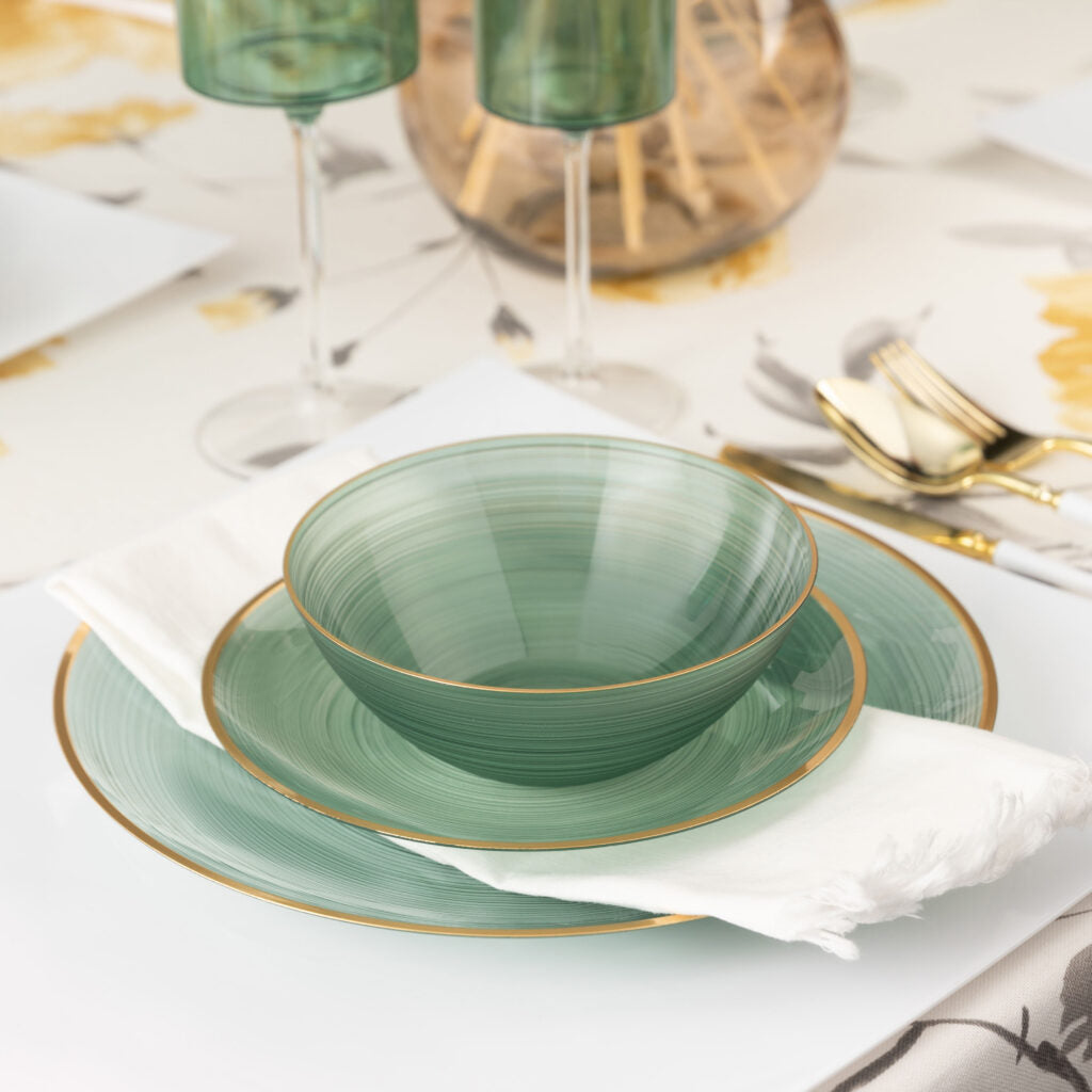 Crystal Design Combo Plates (7" & 10") Green Transparent with Gold Rim (32 Count)