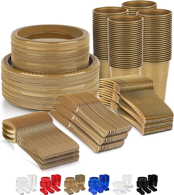 350 Piece Disposable Dinnerware Set (50 Guests)- Gold