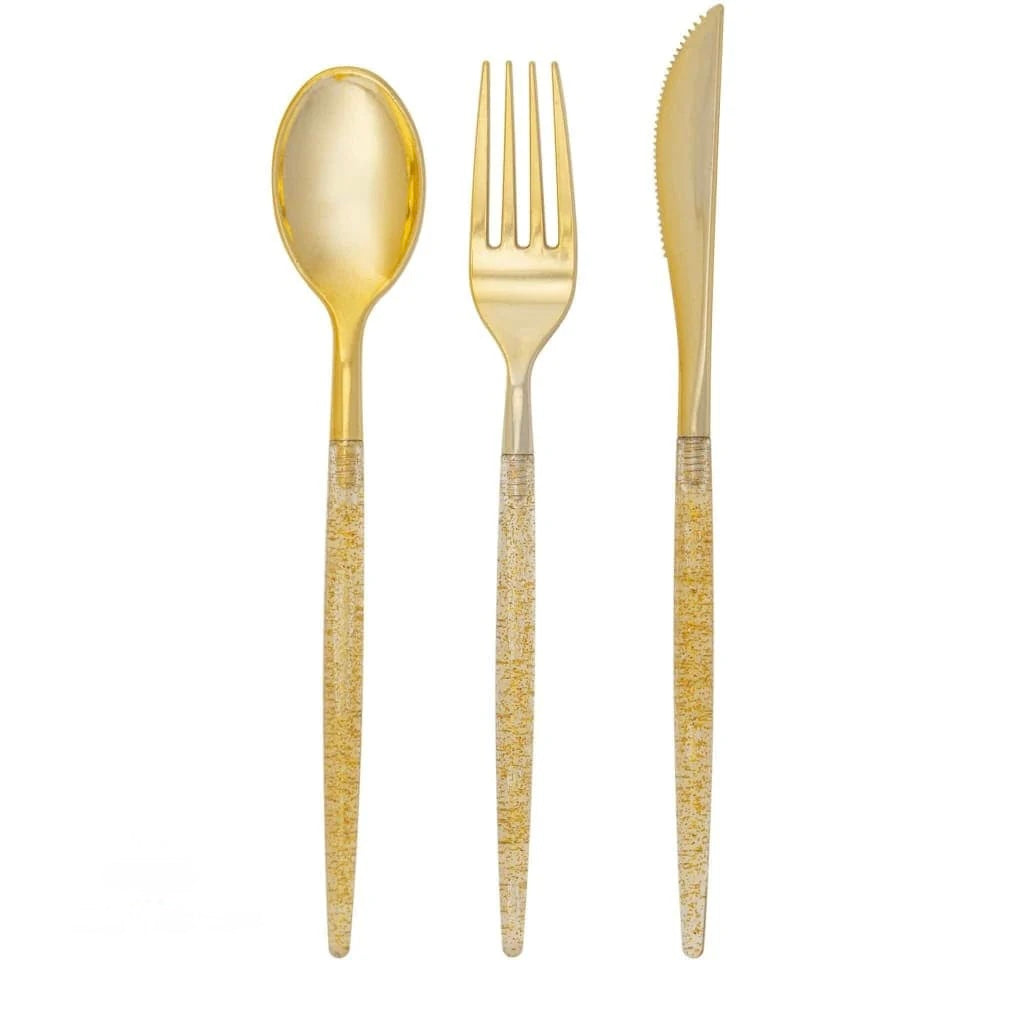 Gold Glitter Plastic Cutlery Set. (32 Pieces)