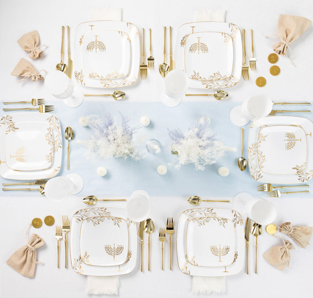 Chanukah Square Combo 7.25" & 10" Plates White/Gold (24Ct)