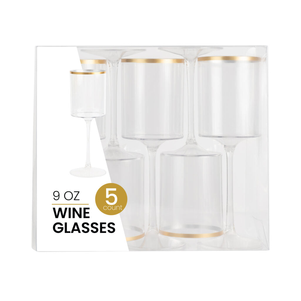 Square Wine Glass 9oz Clear/Gold Rim (5 Count)