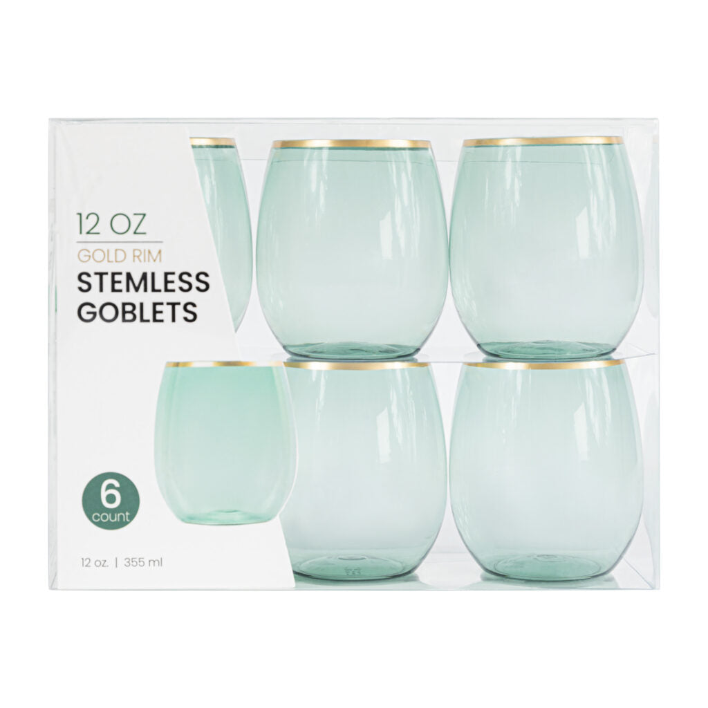 Stemless Goblets 12 oz Green Gold Rim (6 Count)