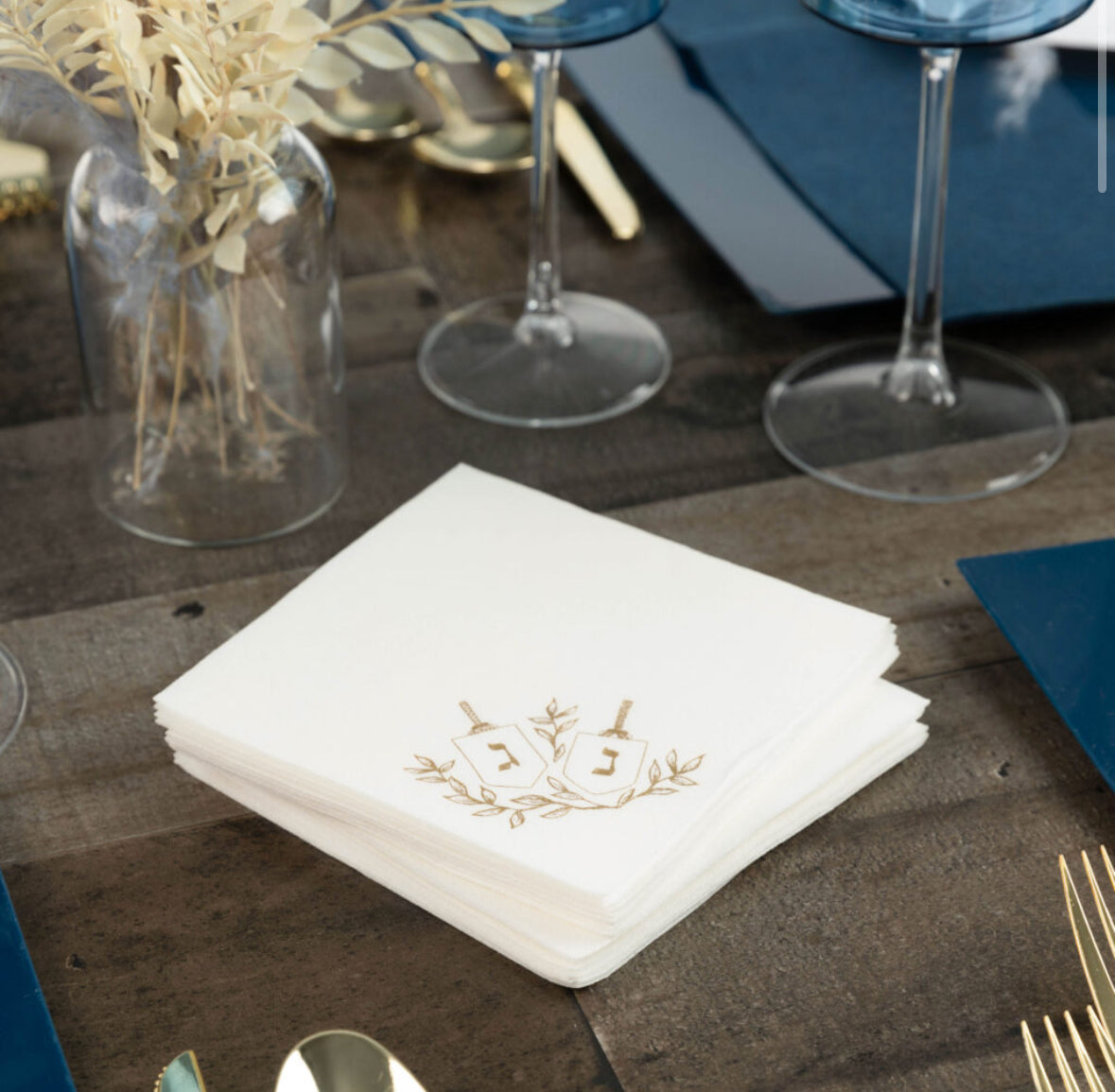 Chanukah Linen Cocktail Napkins White/Gold (20 Count)