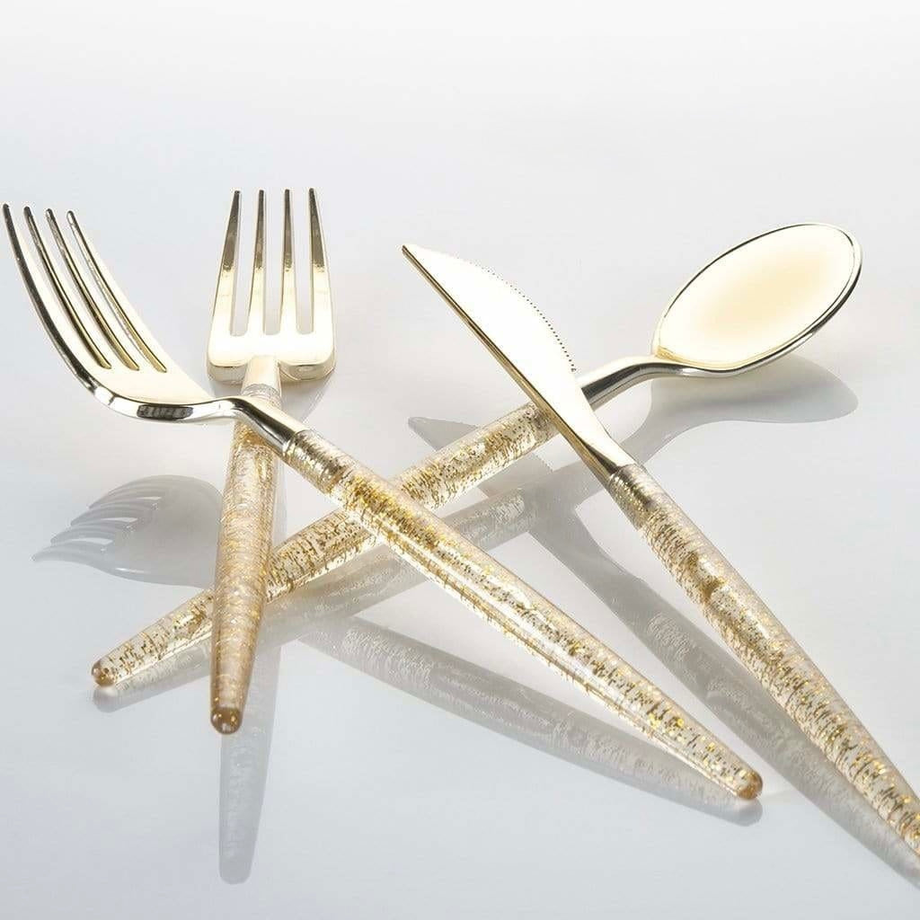 Gold Glitter Plastic Cutlery Set. (32 Pieces)