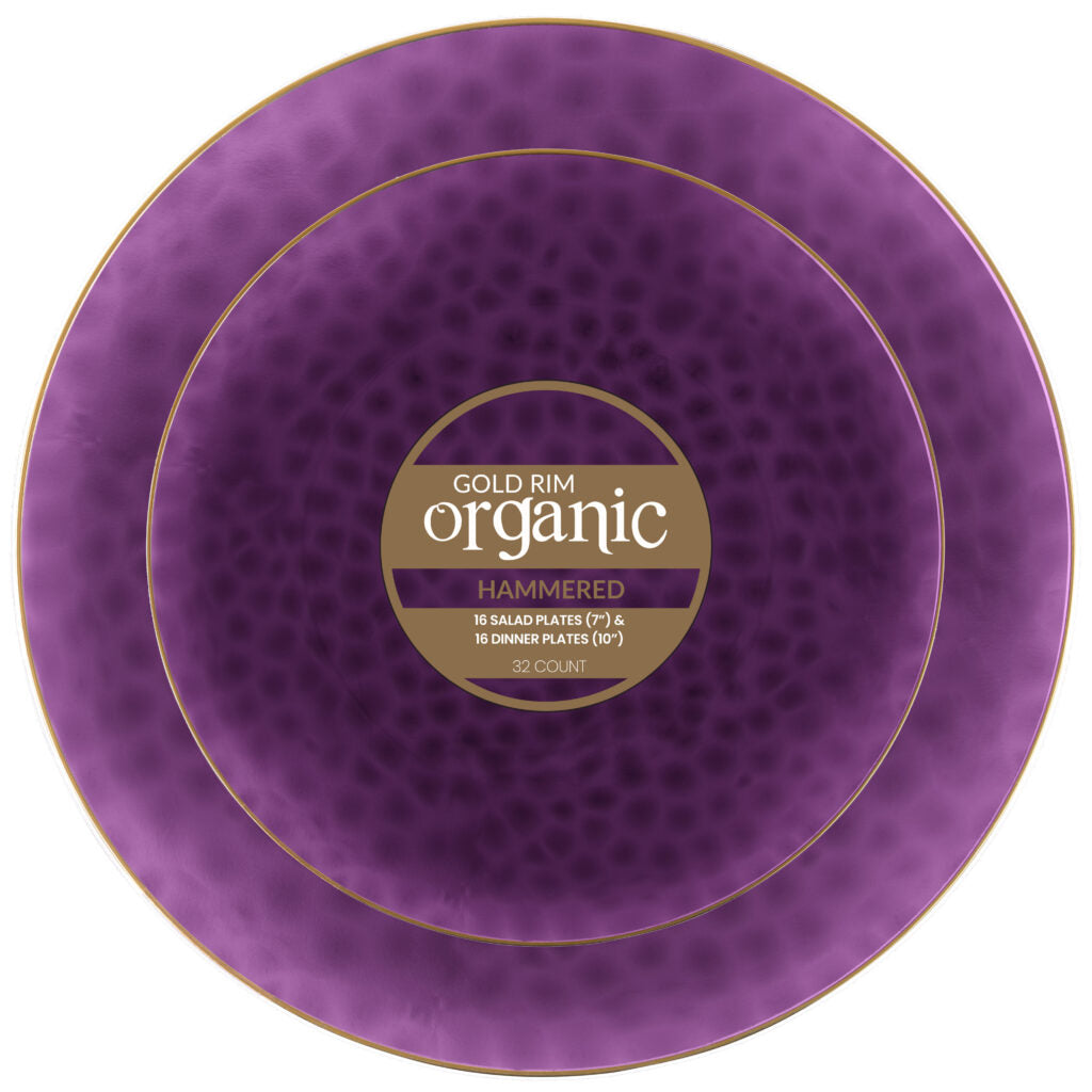 Organic Hammered 7″ & 10″ Plates Purple Gold Rim (32 Count)