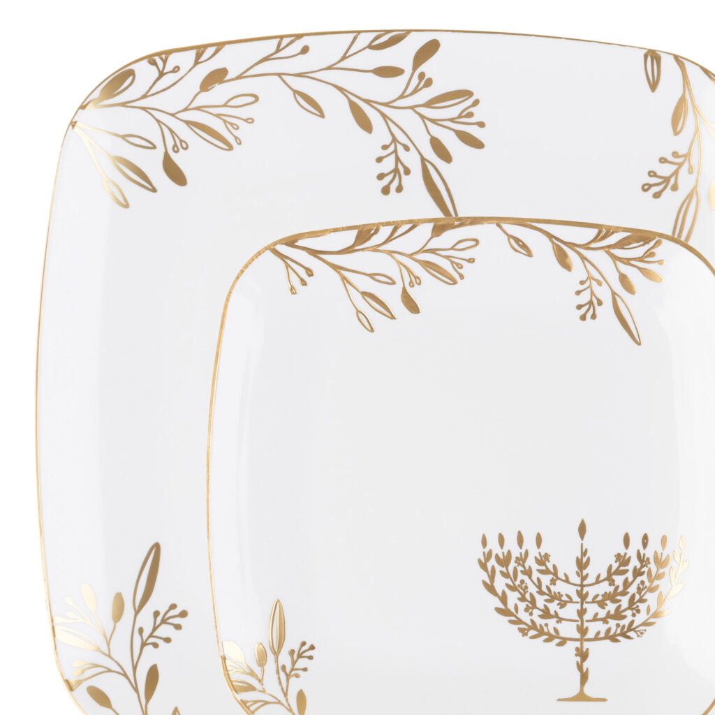 Chanukah Square Combo 7.25" & 10" Plates White/Gold (24Ct)