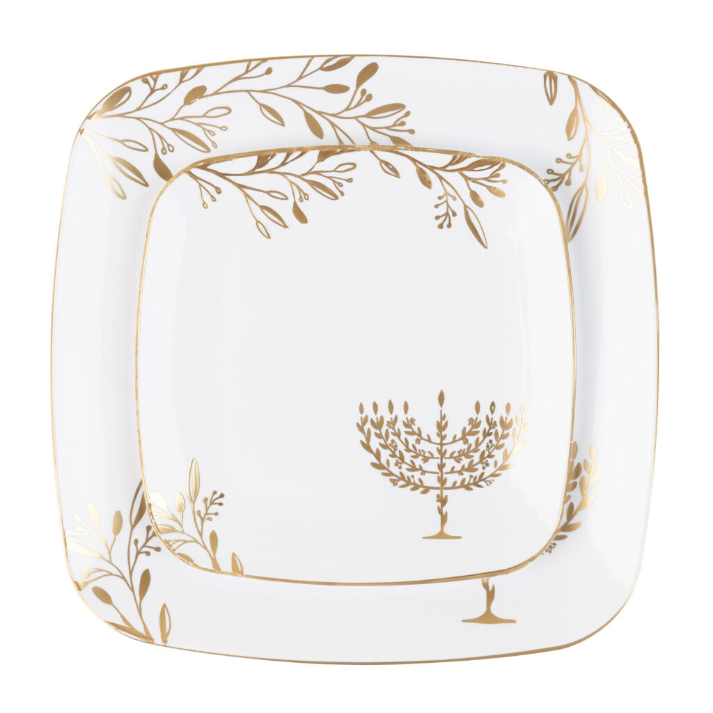 Chanukah Square Combo 7.25" & 10" Plates White/Gold (24Ct)