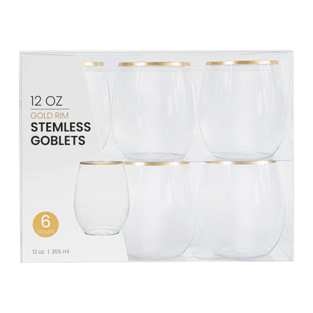 Stemless Goblets/12oz Clear With Gold Rim  (6Ct)